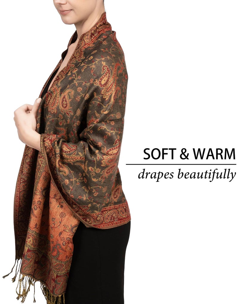 Achillea Soft Silky Reversible Paisley Pashmina Shawl Wrap Scarf w/Fringes (Olive Burgundy) - Image 3